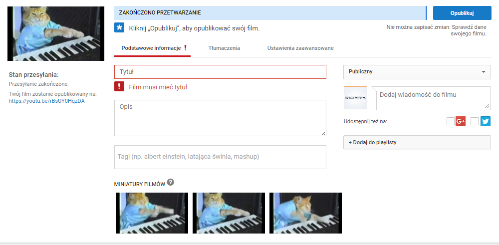 Widok przesylania filmu do serwisu YouTube