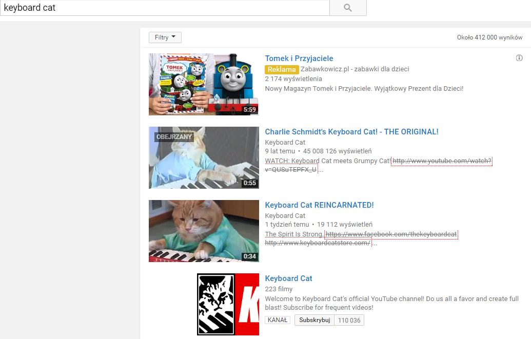 Wyglad listy wynikow YouTube