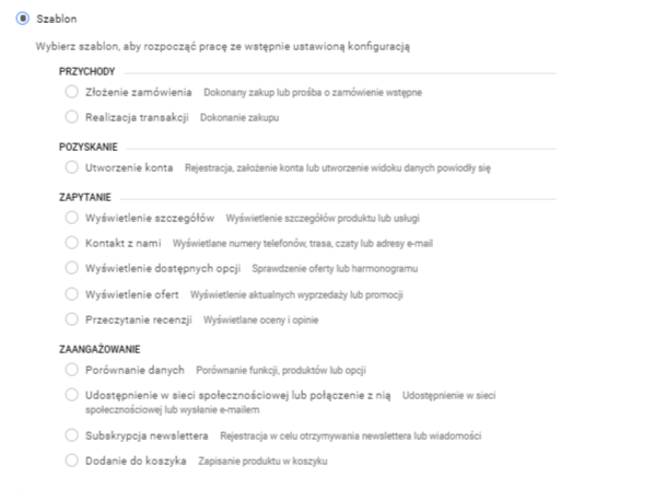 Google Analytics, Administracja > Cele > +CEL > Szablon