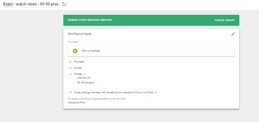 Google Tag Manager konfiguracja reguly Event Watch Video 50 90 proc 1