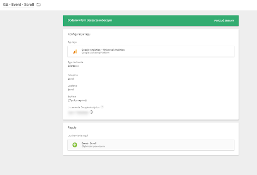 Google Tag Manager, konfiguracja tagu GA - Event - Scroll