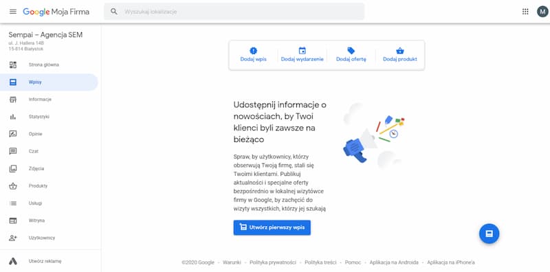 dodawanie wpisów w wizytówce