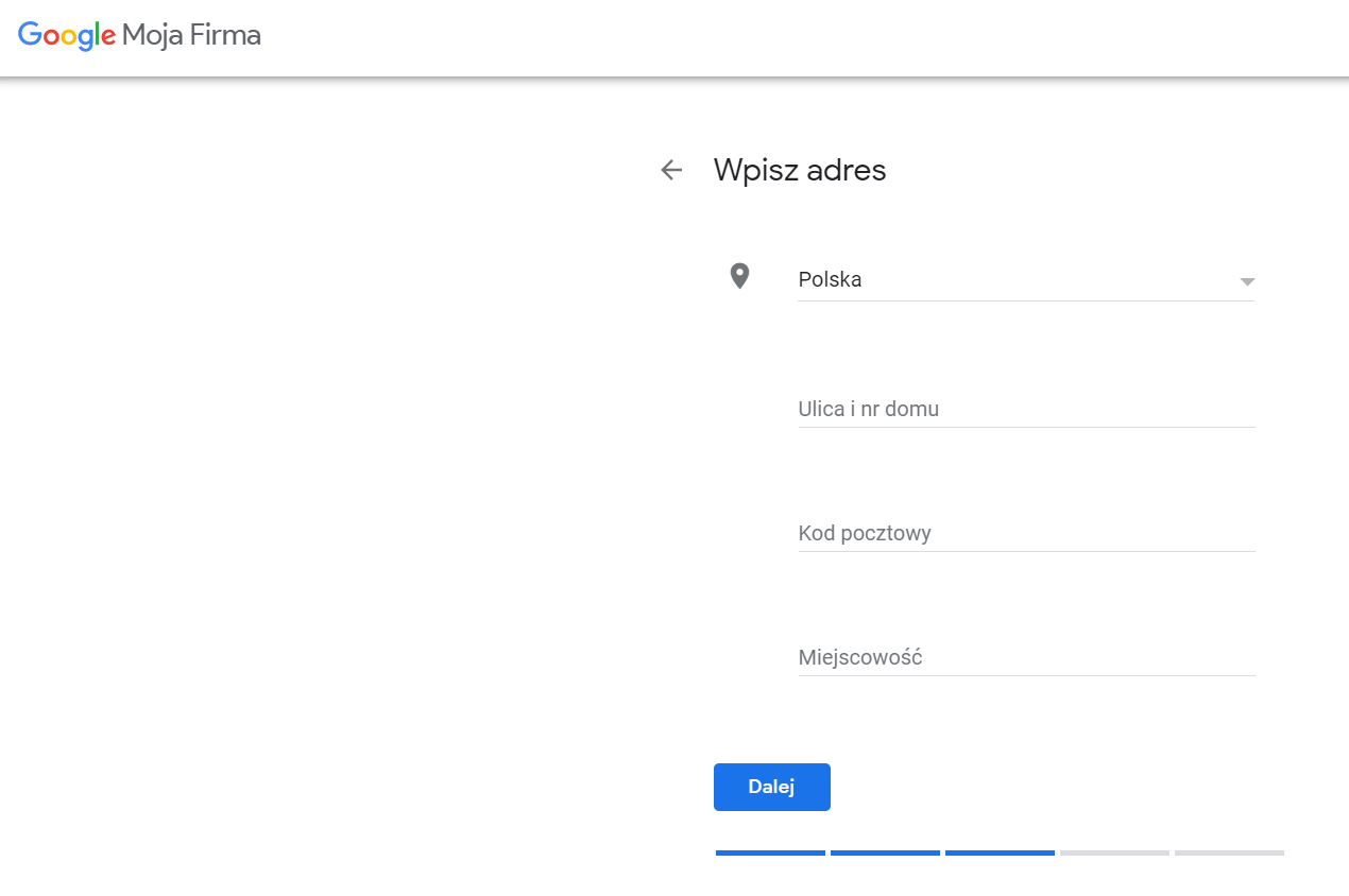 dodawanie danych adresowych w wizytówce Google