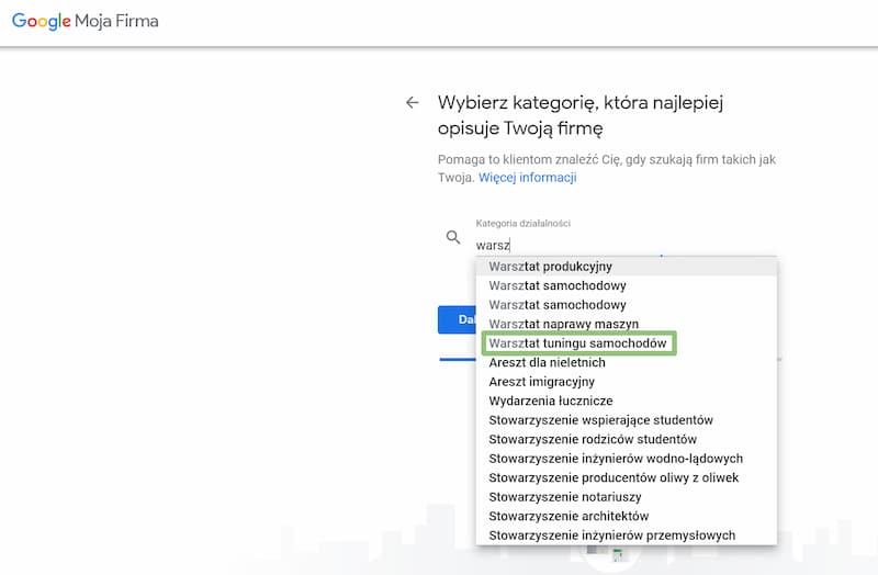 wybór kategorii działalności w google moja firma