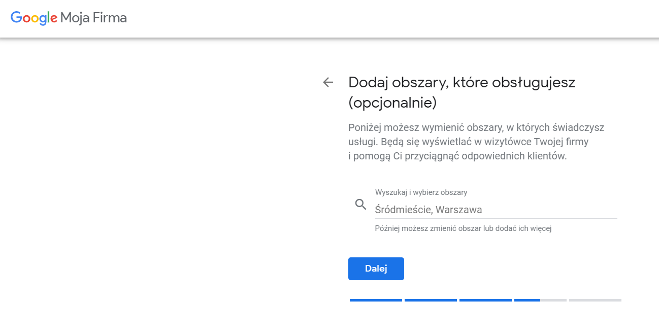 wpisywanie obszarów, w których świadczymy usługi
