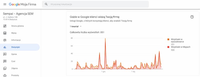 dane i statystyki o odwiedzinach wizytówki