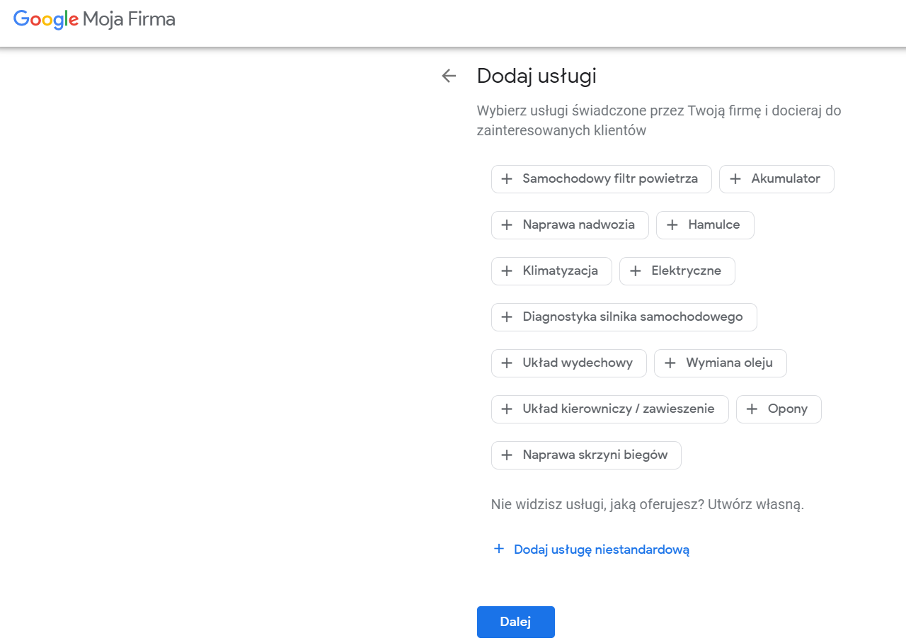 wyszczególnienie świadczonych usług na profilu w mapach Google