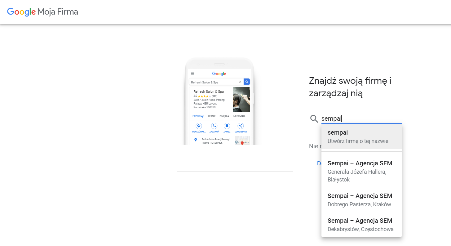 Znajdowanie firmy w Google Moja Firma