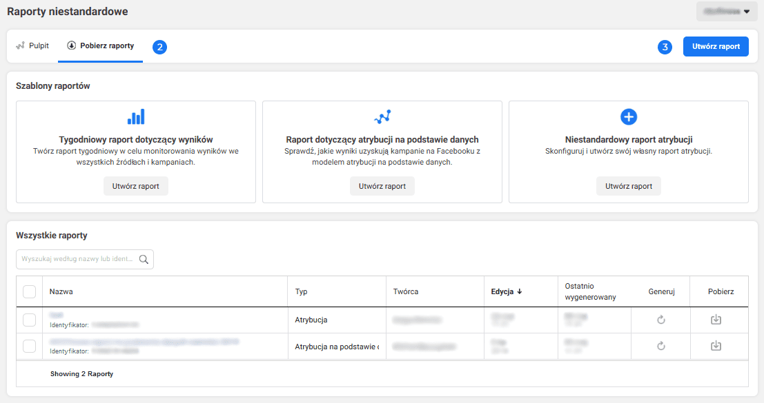 Facebook attribution raporty niestandardowe 2