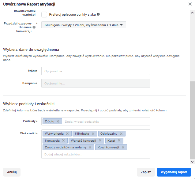 Facebook attribution raporty niestandardowe 4