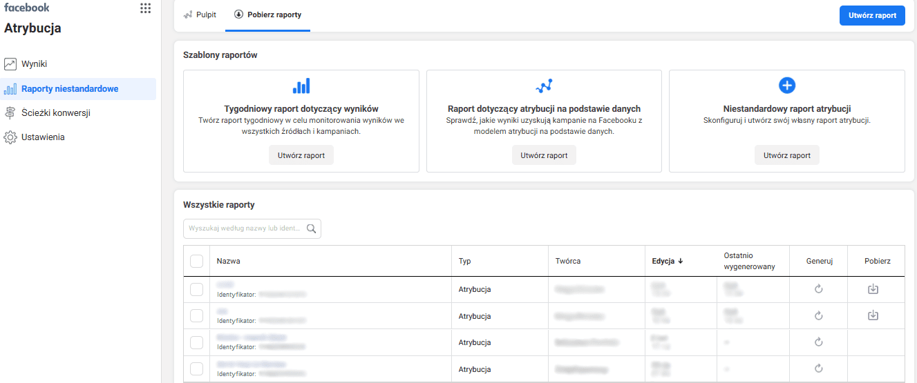 facebook attribution raport niestandardowy