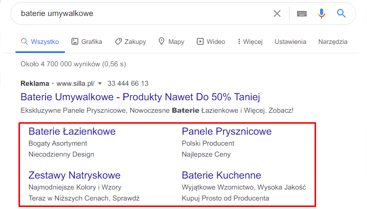 Reklama w Google Ads. Rozszerzenia podstrony