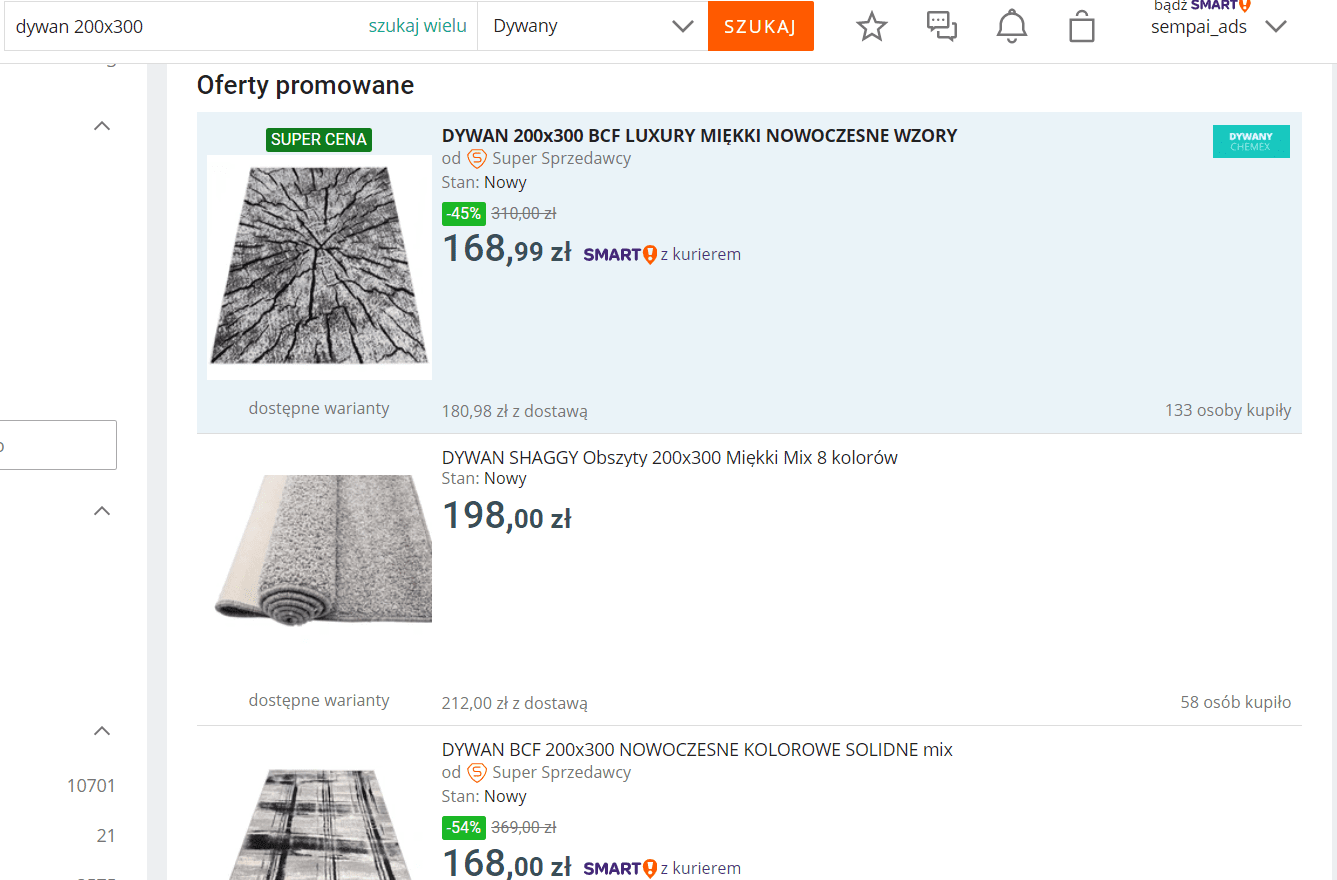 Allegro - listing dywany po popularności