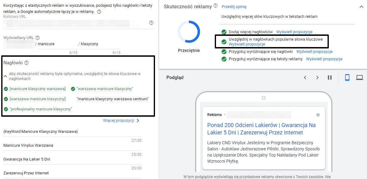 Od czego zależy pozycja reklamy w Google - słowa kluczowe
