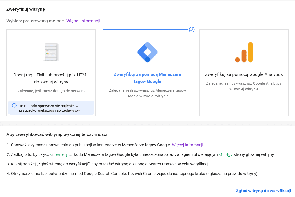 weryfikacja witryny Google Merchant Center