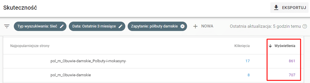 kanibalizacja sprawdzona w zakładce skuteczność w Google Search Console