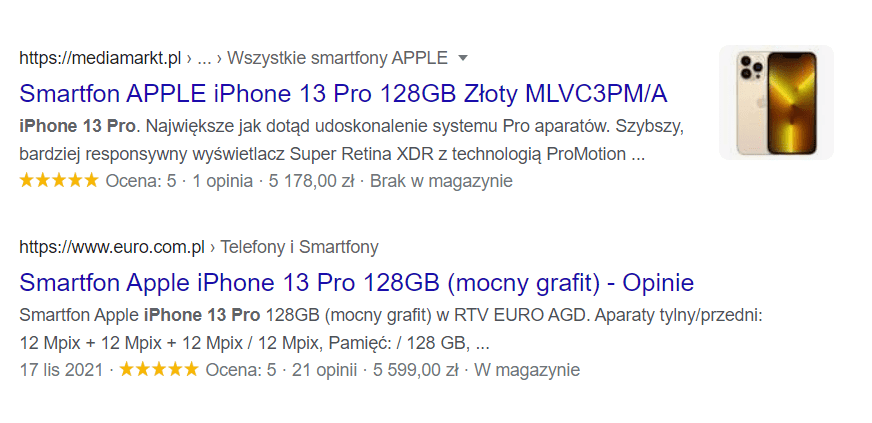 oceny produktu w wyszukiwarce