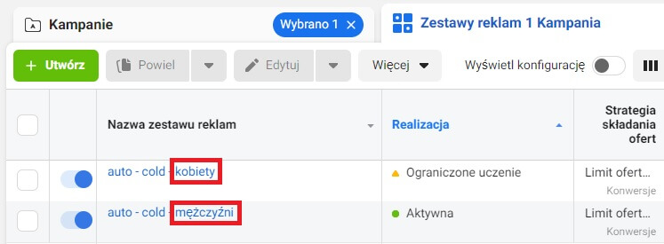 Kategorie dla zestawów reklam
