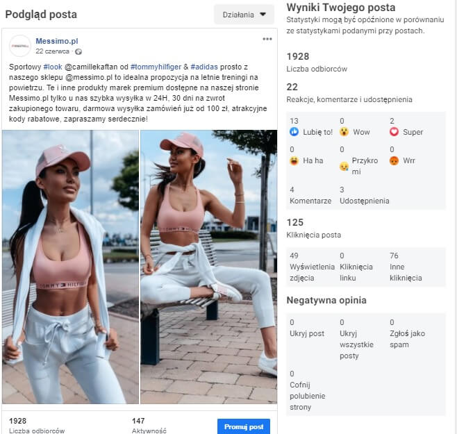 Przykładowy organiczny post ze strony Messimo.pl wraz z zaangażowaniem.