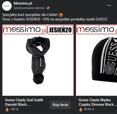 reklama Messimo.pl wykorzystująca kod rabatowy w nakładce graficznej