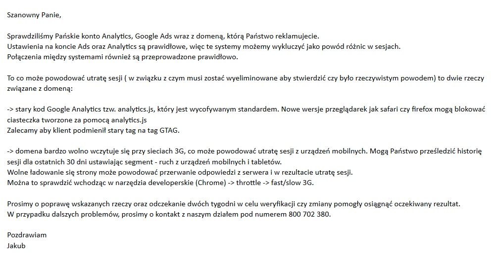 informacja od supportu Google