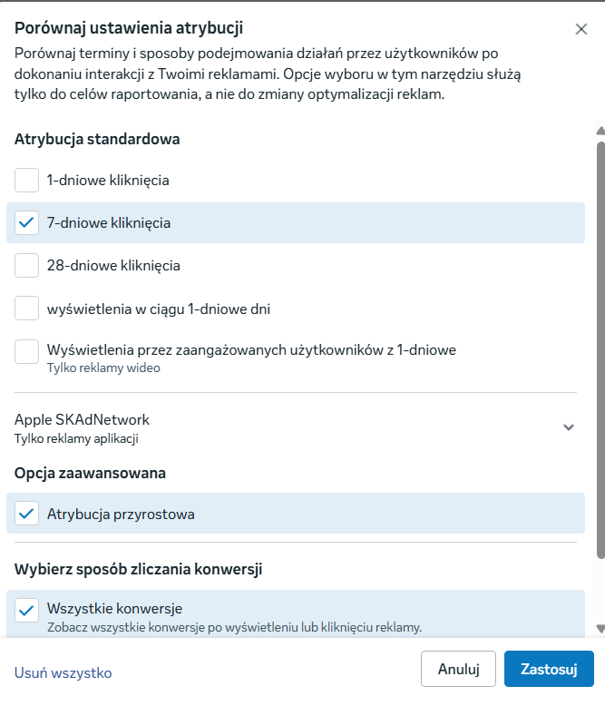 Panel porównania ustawień atrybucji reklam. Dostępne opcje: 1-dniowe kliknięcia, 7-dniowe kliknięcia (zaznaczone), 28-dniowe kliknięcia, wyświetlenia w ciągu 1 dnia, wyświetlenia przez zaangażowanych użytkowników (tylko wideo). Dodatkowo aktywna opcja zaawansowana: Atrybucja przyrostowa. Wybrany sposób zliczania konwersji: wszystkie konwersje. Na dole przyciski: Usuń wszystko, Anuluj, Zastosuj.